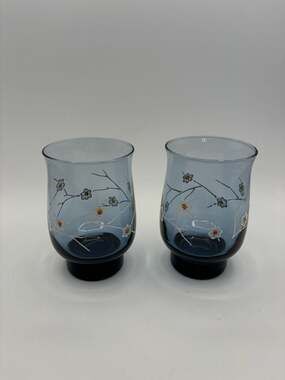 Vintage Libbey Smokey Blue Dogwood Flower Water Glasses Set of 2